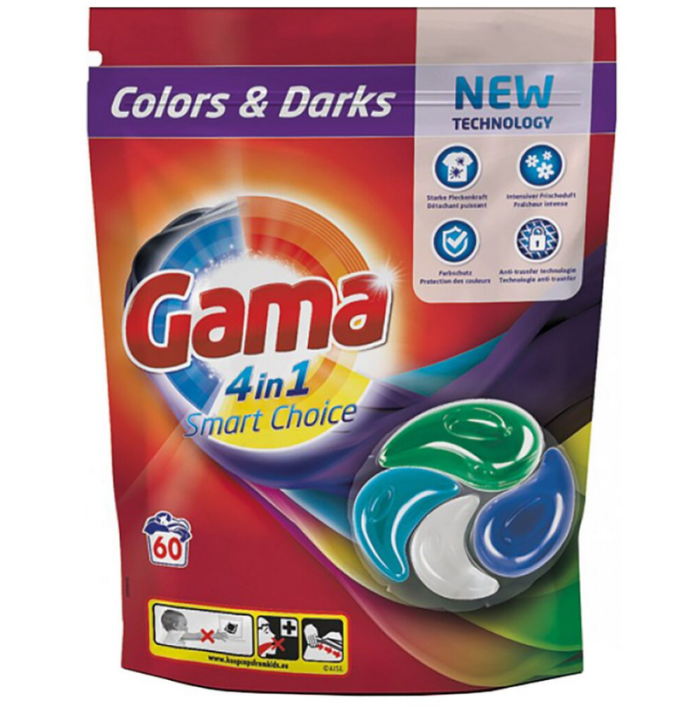 Капсулы для стирки Gama 4 в 1 Для цветных и темных вещей 60 шт